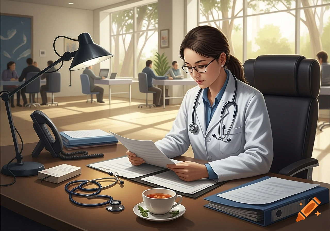 A female doctor in a white lab coat and glasses reads papers at a desk in a brightly lit office, with other professionals in the background.