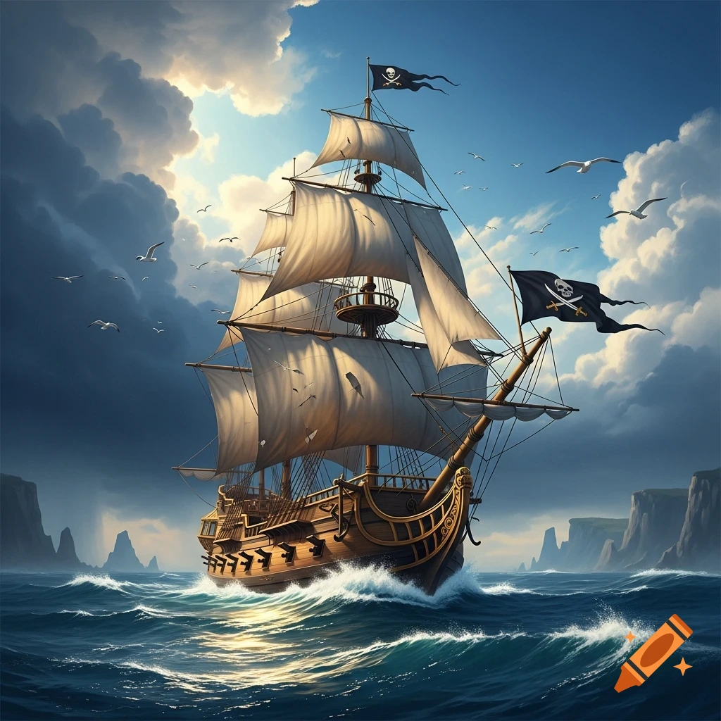 A majestic pirate ship with skull flags sails on rough, sun-dappled seas beneath a dramatic sky with clouds and distant cliffs.