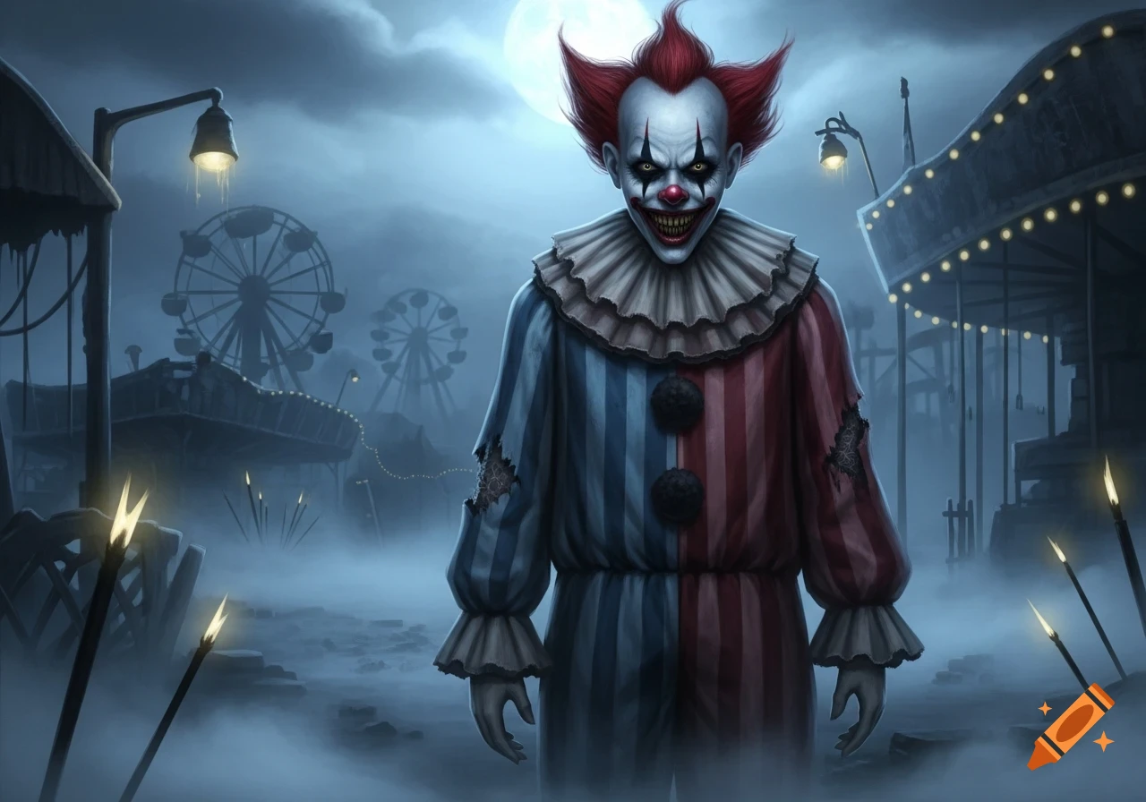 A menacing clown with red hair and a striped costume stands in a foggy, abandoned amusement park under a full moon, digital painting.