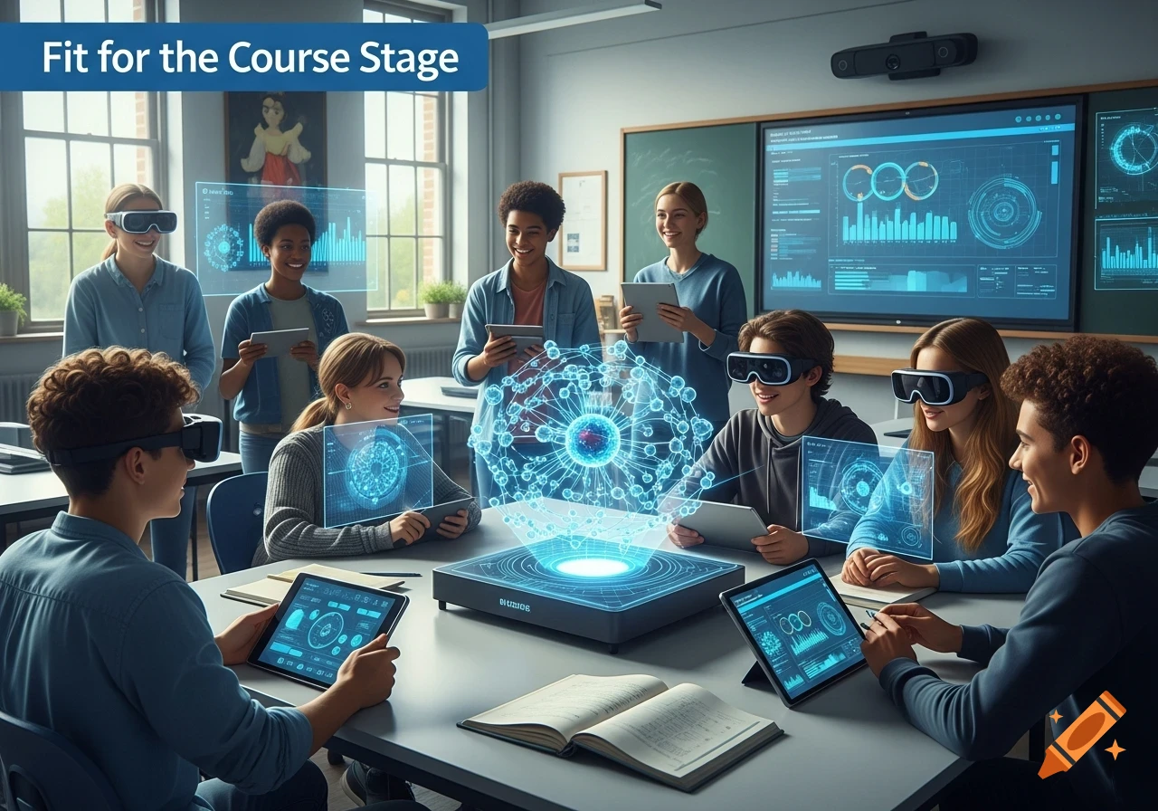 Diverse students in a modern classroom use VR headsets, tablets, and a holographic projector to learn.
