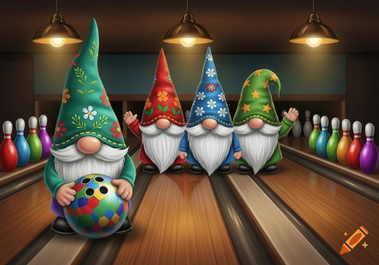 Four cute gnomes in a bowling alley, one holding a colorful bowling ball, with pins visible on two lanes.
