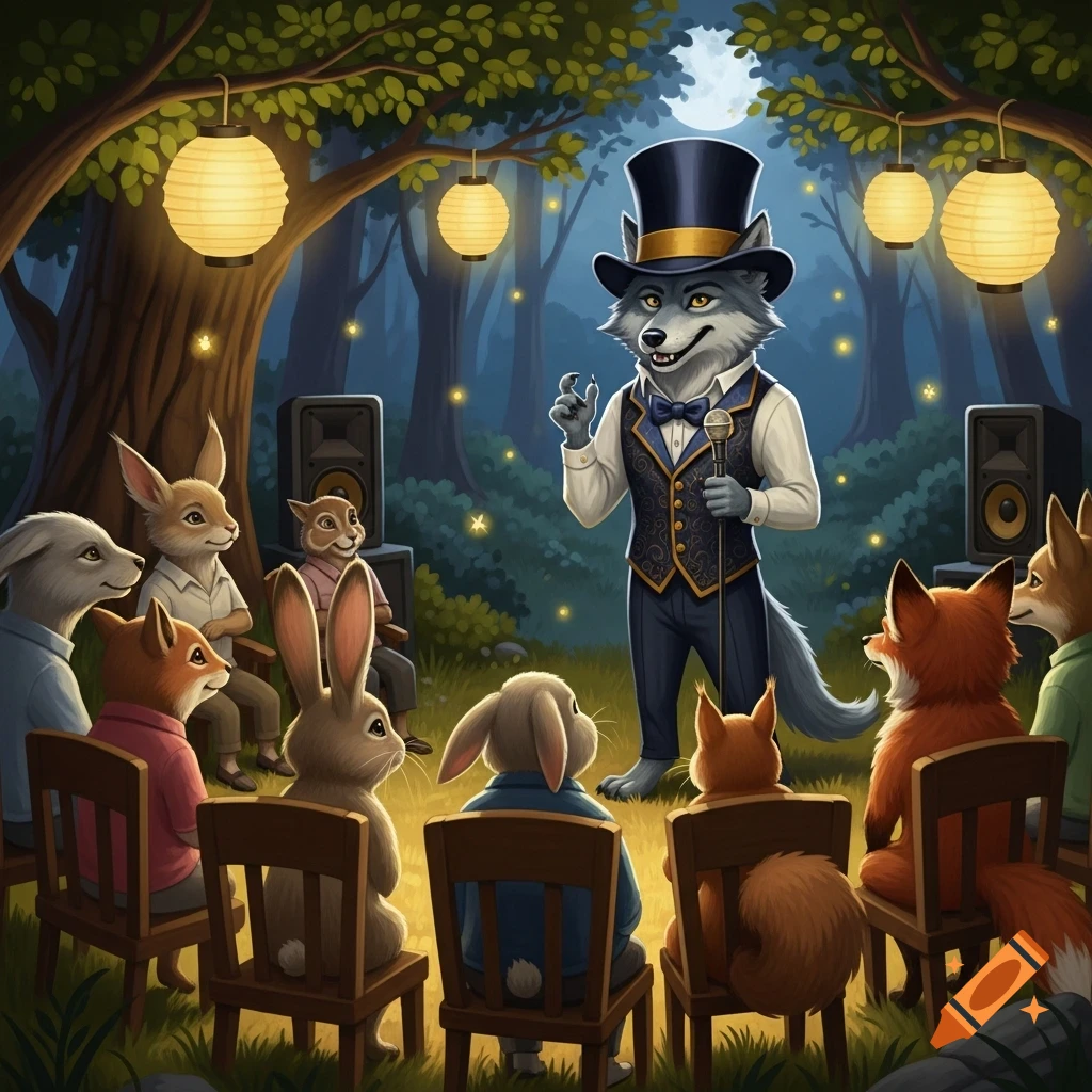 A cartoon wolf in a top hat performs stand-up comedy for an audience of anthropomorphic rabbits and foxes in a moonlit forest with lanterns.