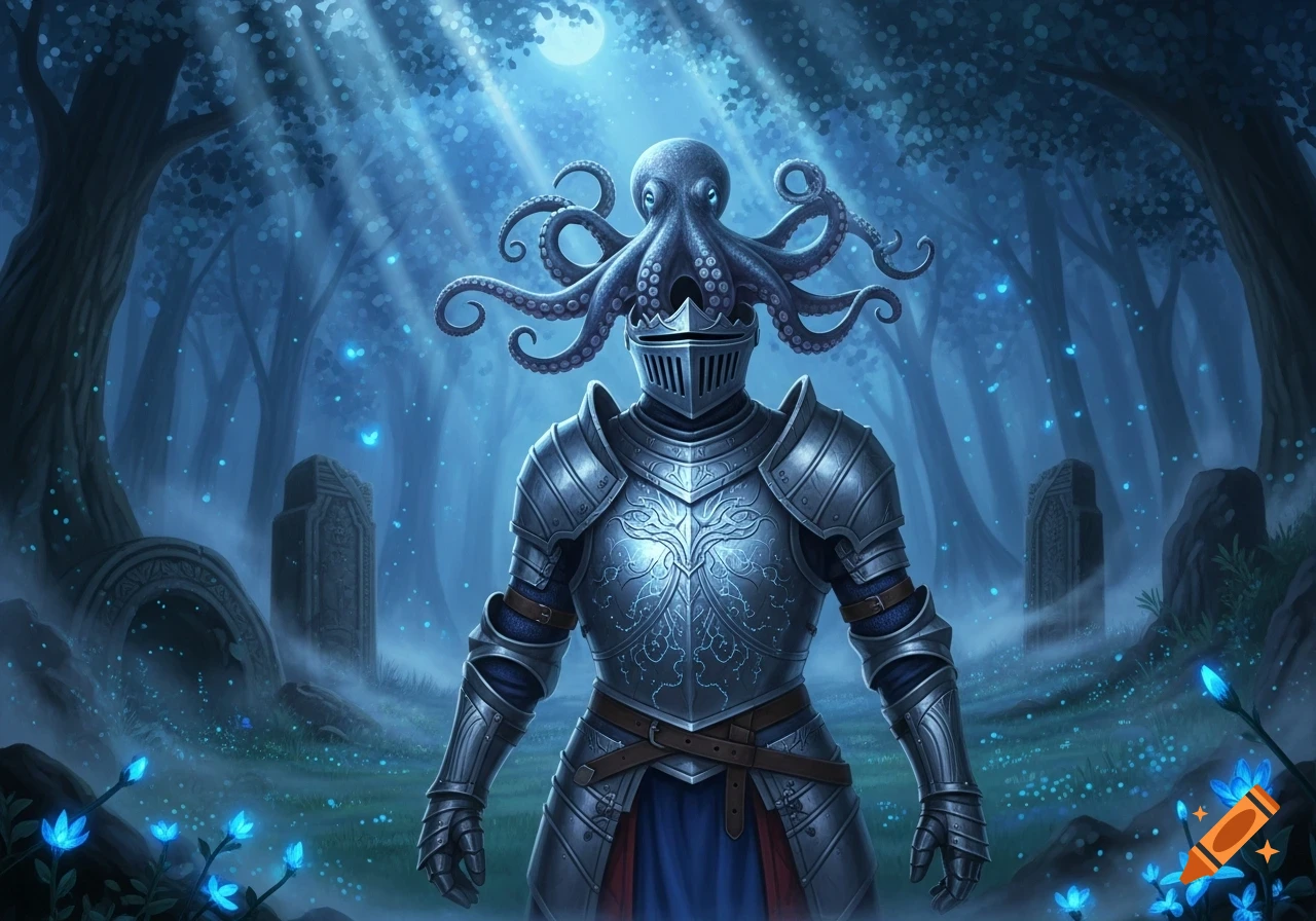 Ornate knight armor with an octopus head stands in a mystical, moonlit blue forest with glowing plants and light rays.