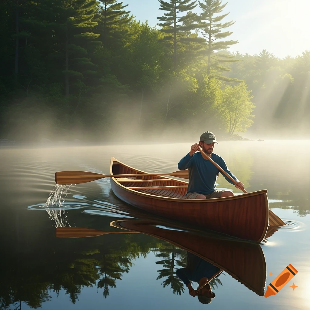 A man paddles a wooden canoe on a misty lake at sunrise, surrounded by a dense forest.