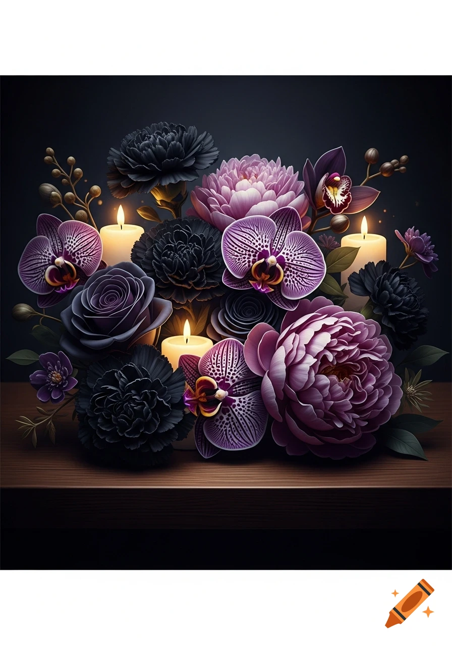 A bouquet of black carnations, purple orchids, and peonies with three lit candles on a dark wooden surface.