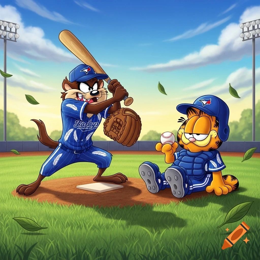 Cartoon characters Tasmanian Devil batting and Garfield as catcher, both wearing blue baseball uniforms with blue jay logos on a sunny field.