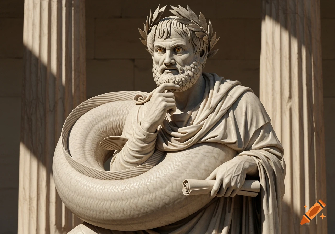 Marble statue blending Aristotle's head with an eel's body, holding a scroll, against a backdrop of classical columns.