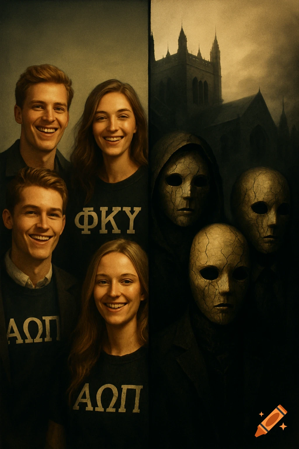 A split image showing smiling fraternity members on the left and creepy cracked masks with gothic architecture on the right.