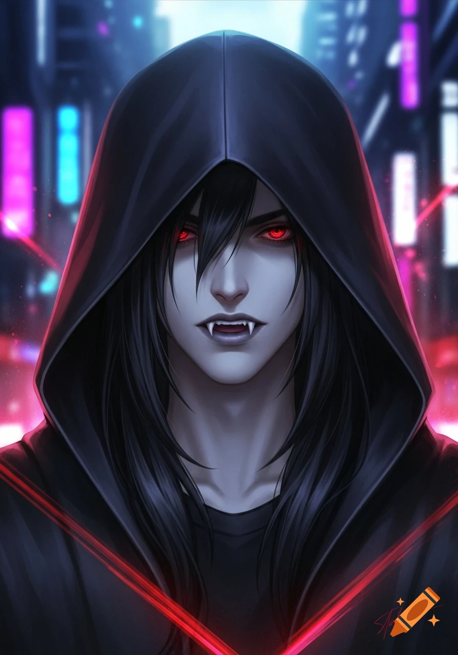 Anime-style vampire man with long black hair, glowing red eyes, and fangs, wearing a black hoodie against a blurred neon city background.