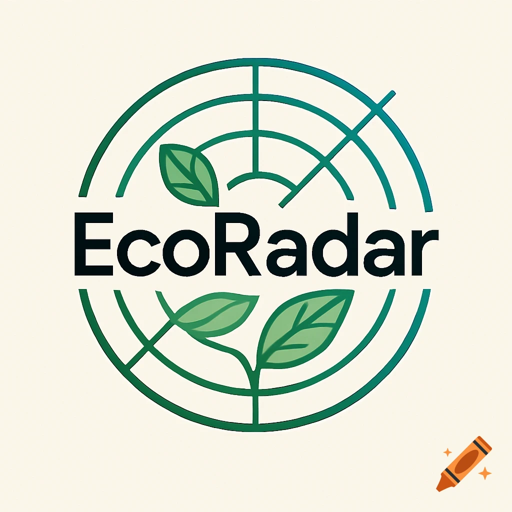 Logo for EcoRadar, featuring the text 'EcoRadar' with green leaves inside a circular radar graphic.