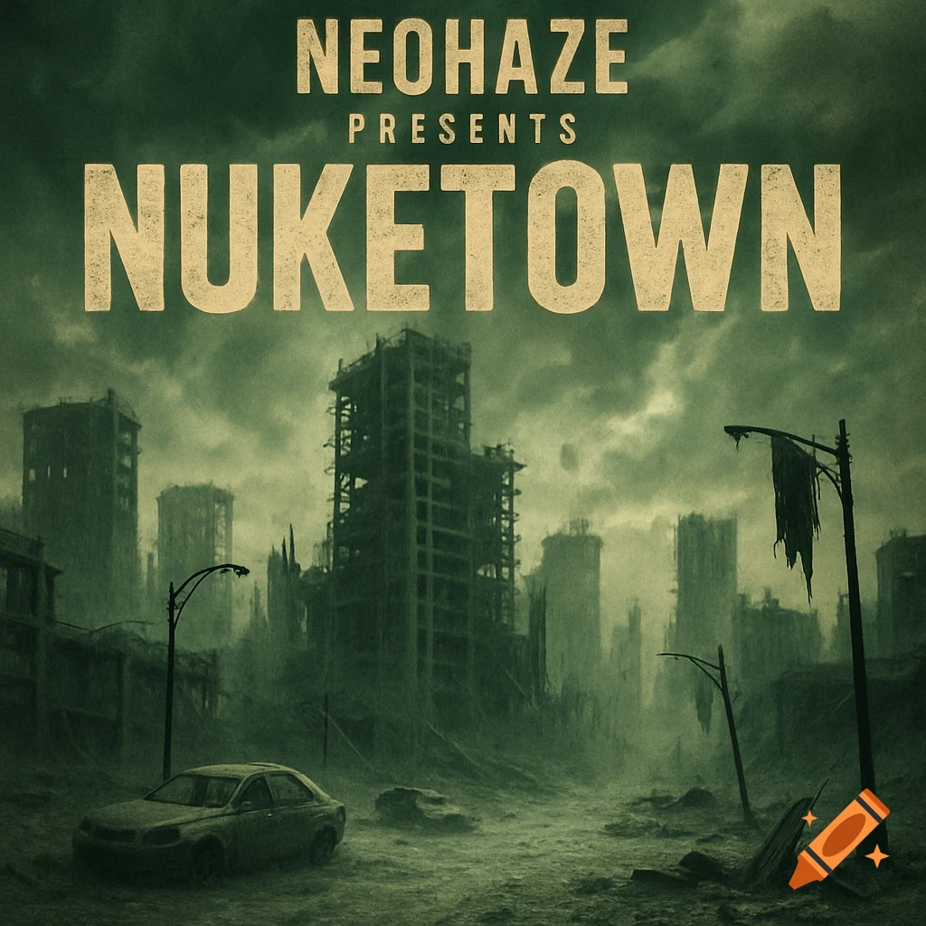 A desolate, post-apocalyptic city with ruined buildings and a car under a green, cloudy sky. Text 'NEOHAZE PRESENTS NUKETOWN'.