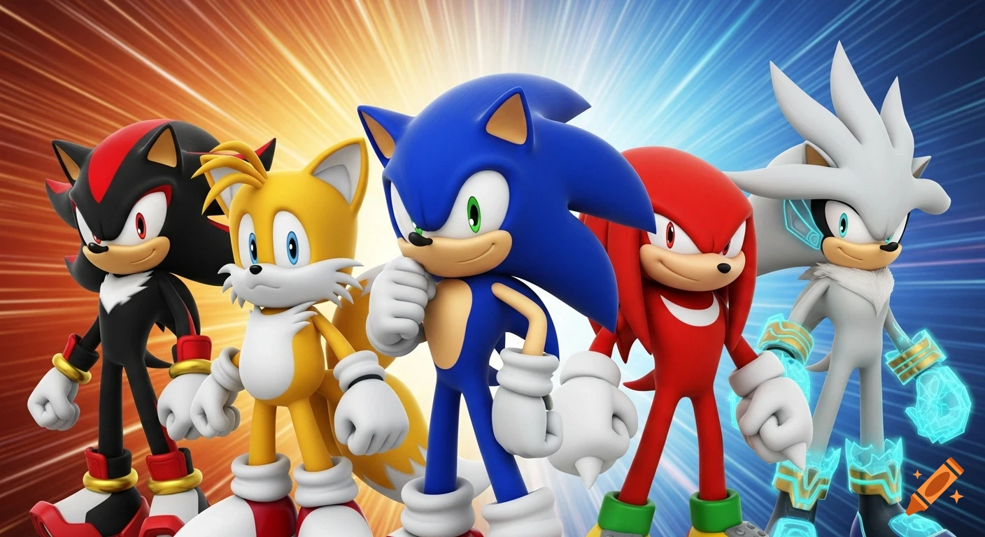 Shadow, Tails, Sonic, Knuckles, and Silver the Hedgehog stand in a line against a vibrant orange and blue background.