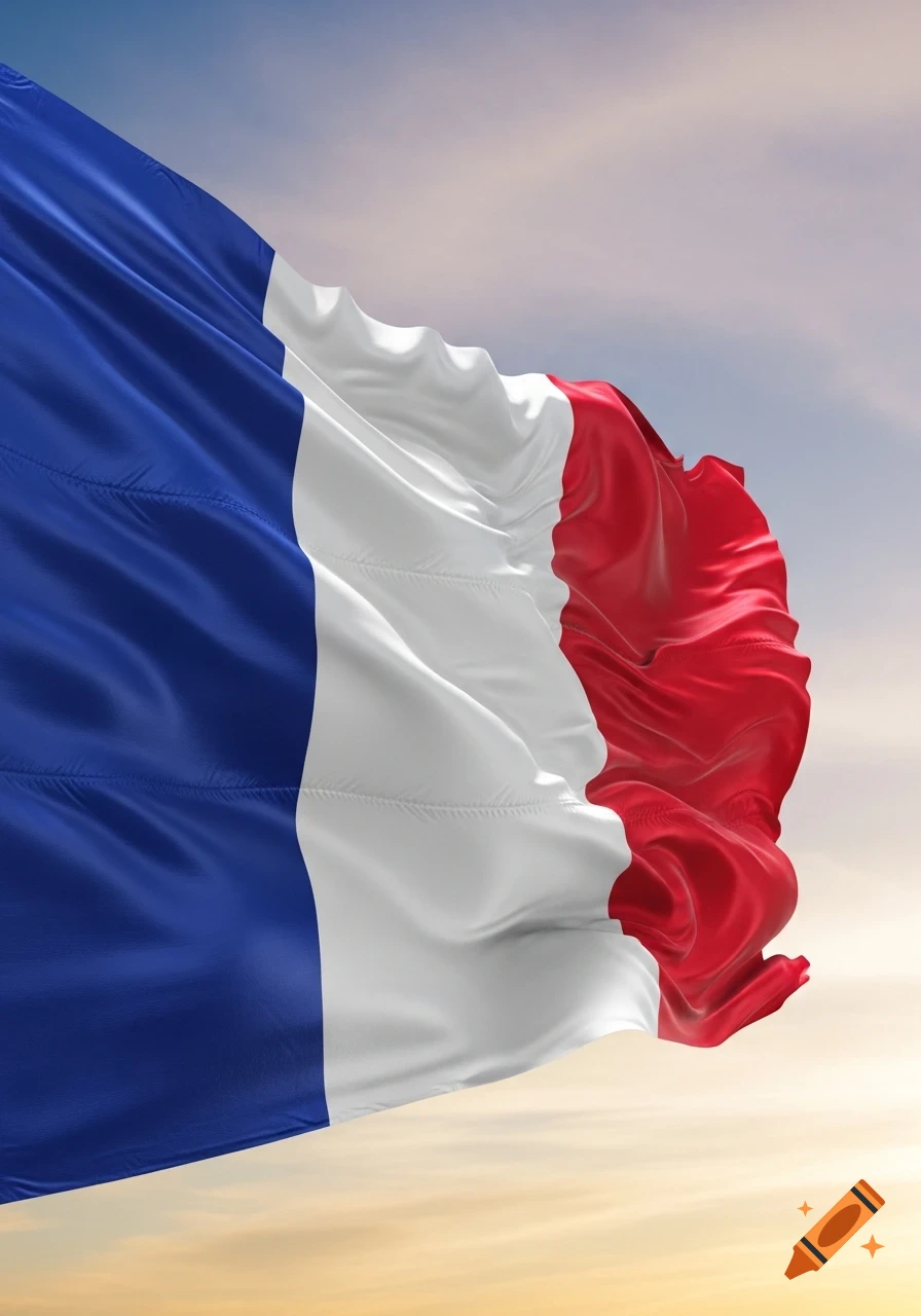 A photorealistic French flag, blue, white, and red, waves dramatically in the wind against a clear sky.