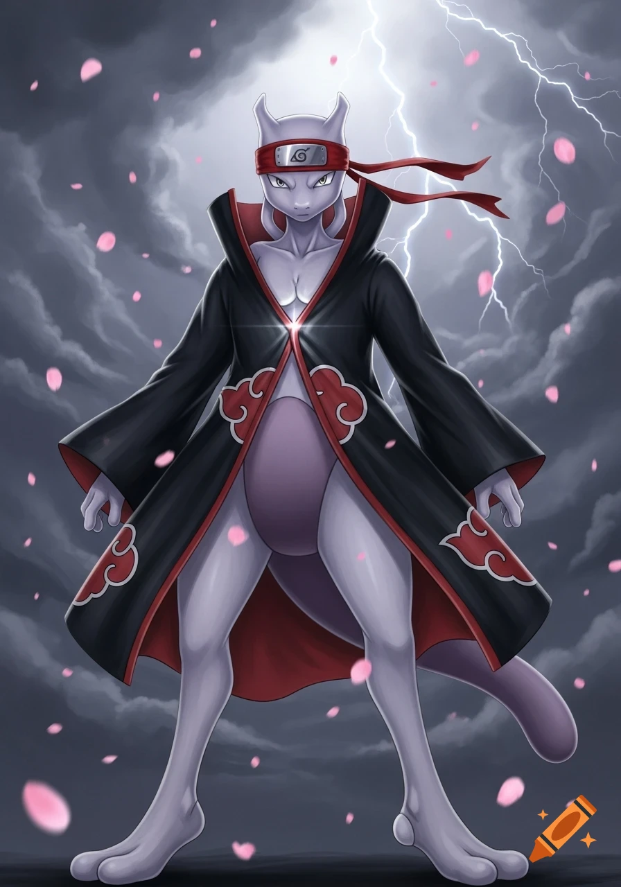 Mewtwo, a purple creature, stands dramatically in an Akatsuki cloak and headband under a stormy sky with lightning and pink petals.
