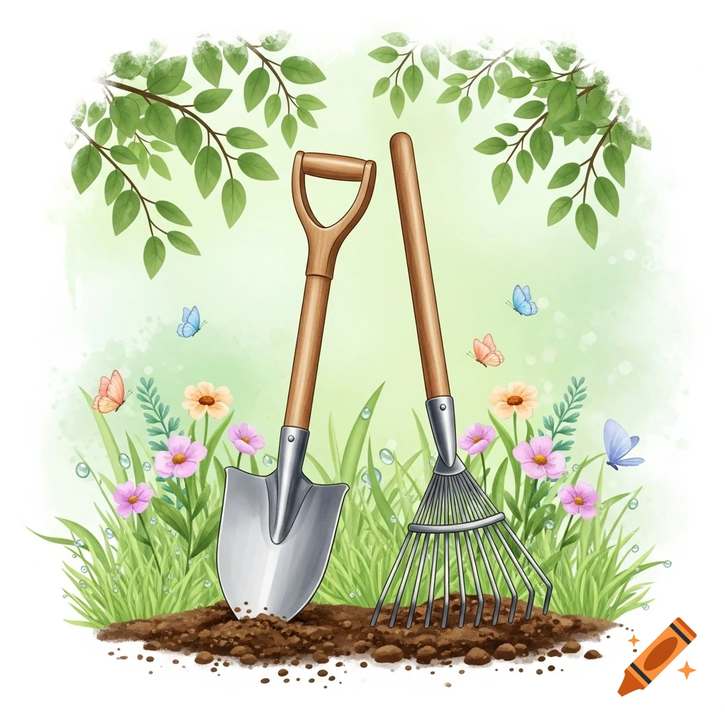 A whimsical illustration of a shovel and a rake standing in soil, surrounded by green grass, colorful flowers, butterflies, and leaves.