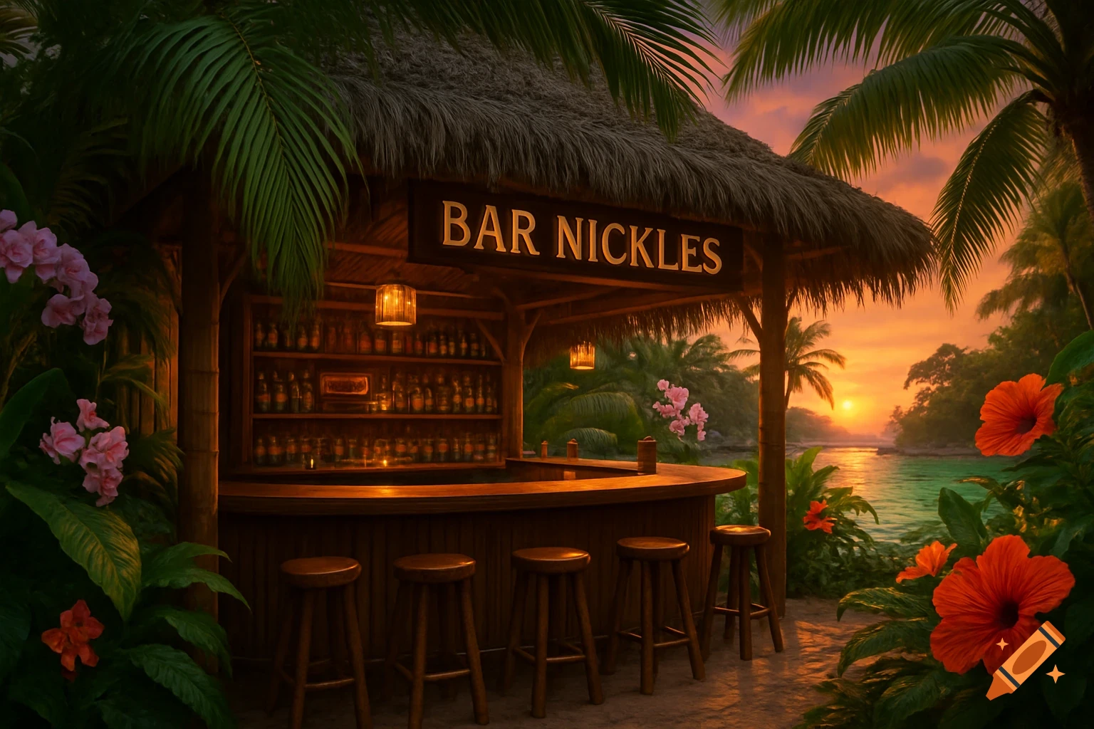 Photorealistic tropical bar named 'BAR NICKLES' at sunset, featuring palm trees, flowers, and an ocean view.