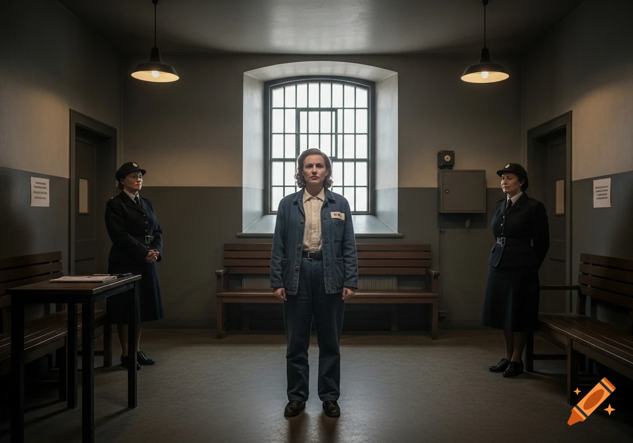 A woman in a denim prison uniform stands between two female officers in a stark prison receiving room, 1950s style.