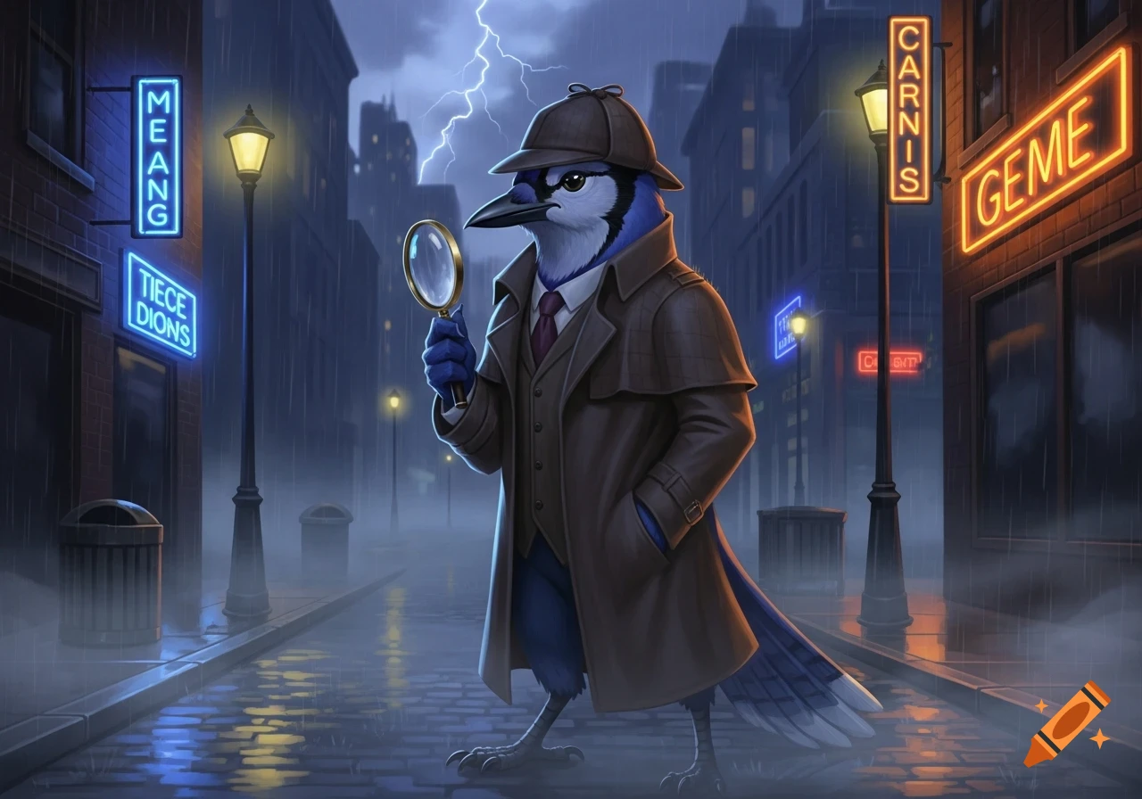 An anthropomorphic blue jay detective in a trench coat and deerstalker hat stands on a rainy city street holding a magnifying glass, with neon signs and lightning in the background.