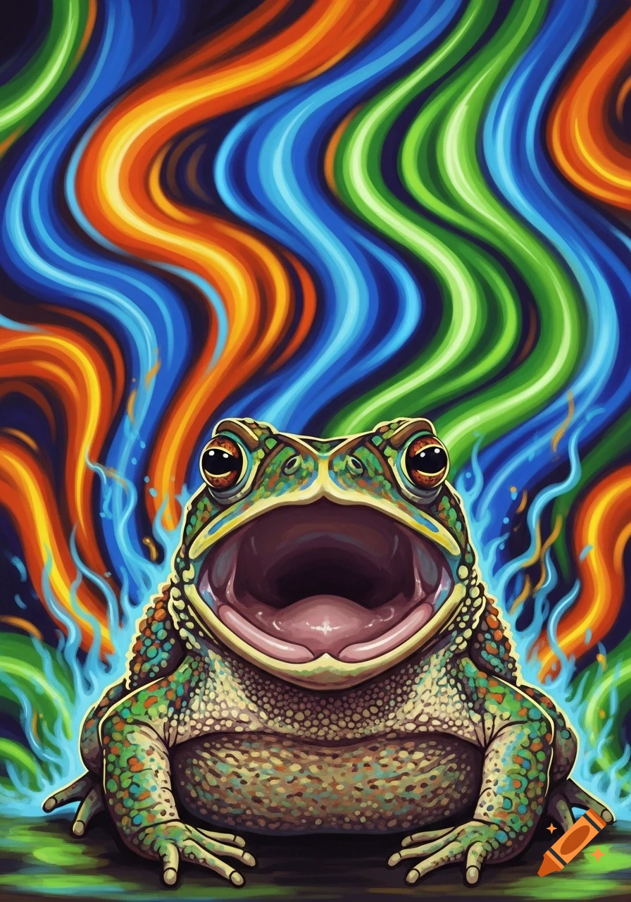A colorful, stylized frog with a wide-open mouth in front of a vibrant, wavy psychedelic background.