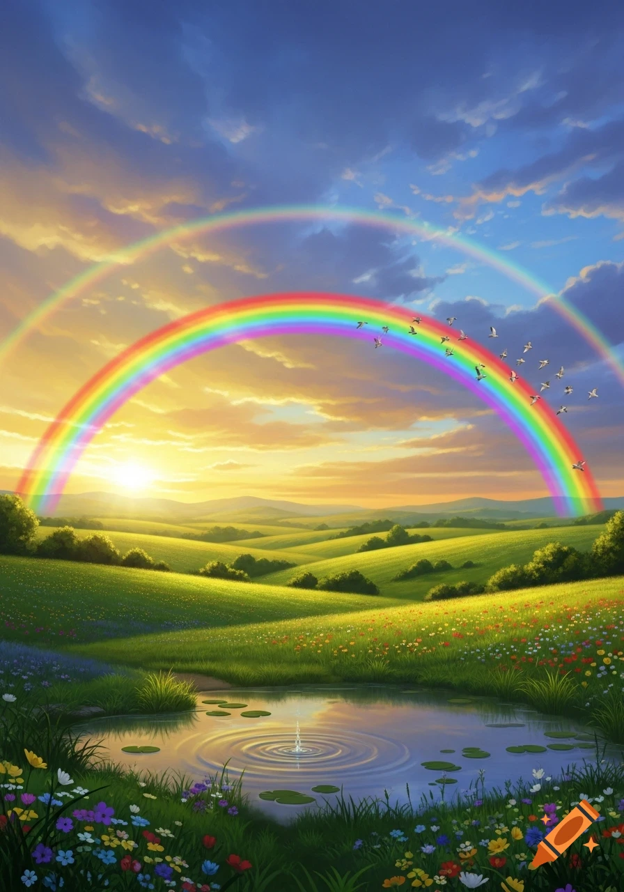 Vibrant landscape with rolling green hills, a pond with wildflowers, a double rainbow, and birds flying at sunset.