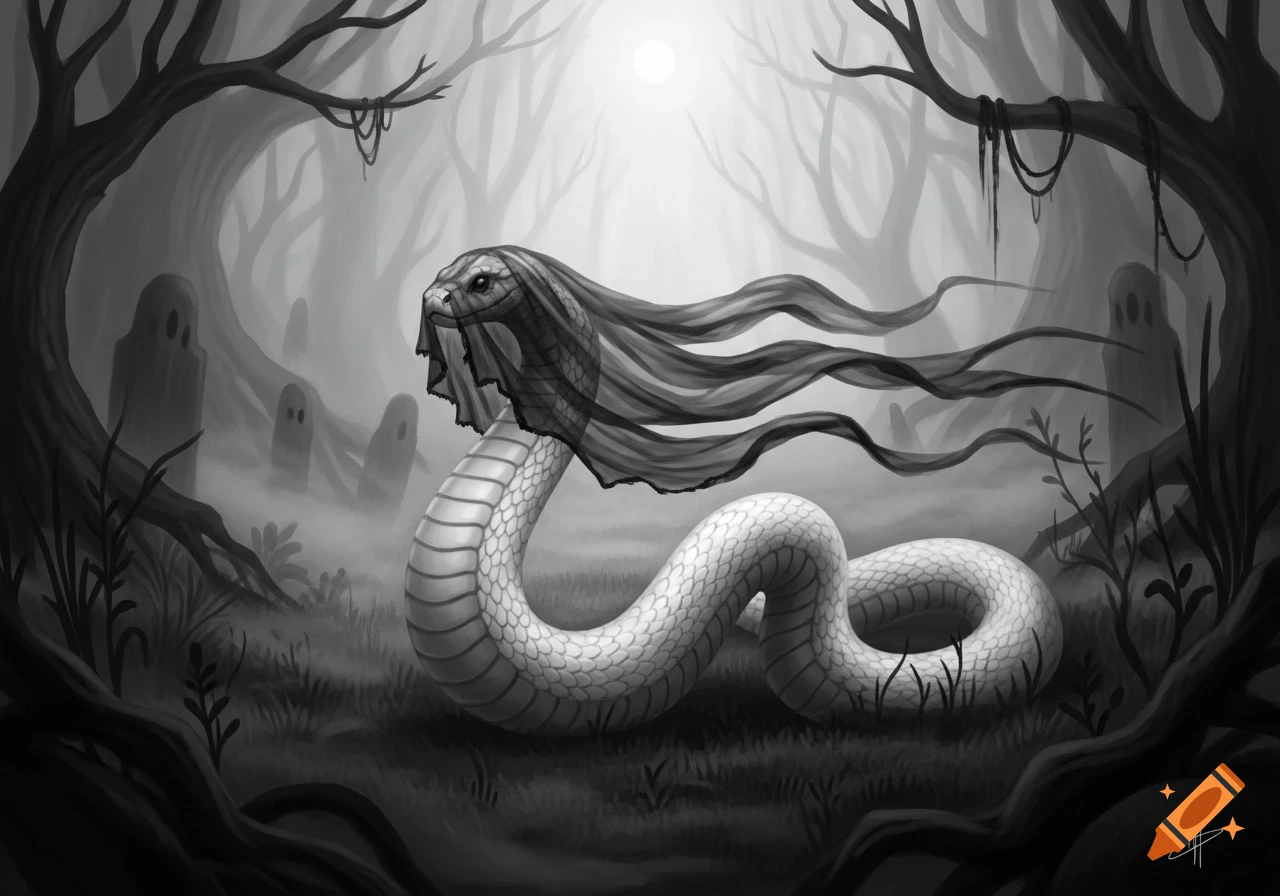 Monochrome illustration of a veiled white serpent in a foggy, spooky forest with ghostly figures and bare trees.