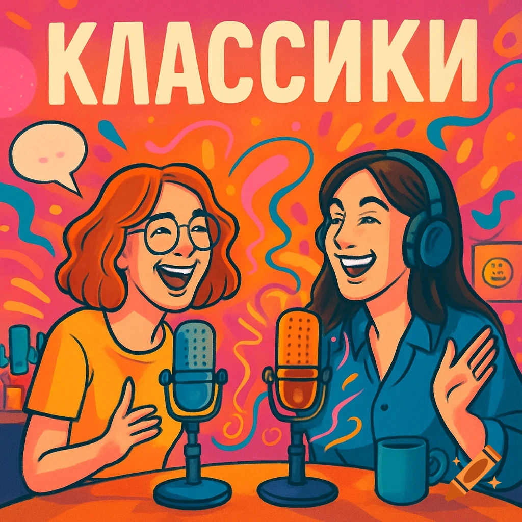 Vibrant cartoon illustration of two laughing women recording a podcast with microphones, text "КЛАССИКИ" at the top.