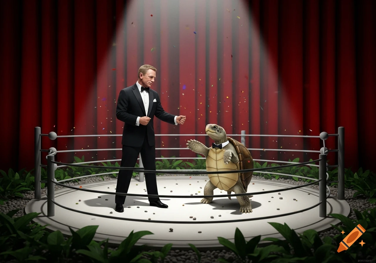 Photorealistic image of James Bond in a tuxedo facing a turtle wearing a bow tie in a spotlighted boxing ring with red curtains.