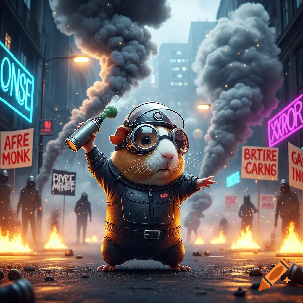 A stylized guinea pig in a black biker suit, helmet, and goggles, holding a tear gas canister on a smoke-filled city street with fires and silhouetted figures in the background.
