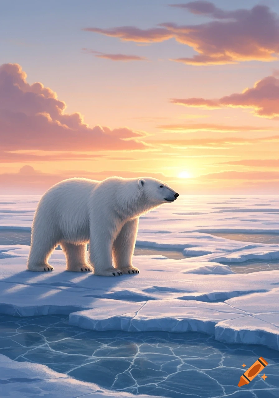 A white polar bear stands on ice floes, gazing towards a radiant pink and gold sunset over an arctic tundra.