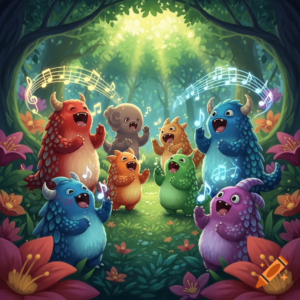 Seven colorful cartoon monsters with open mouths appear to be singing in a vibrant, sun-dappled magical forest, with musical notes floating around them.