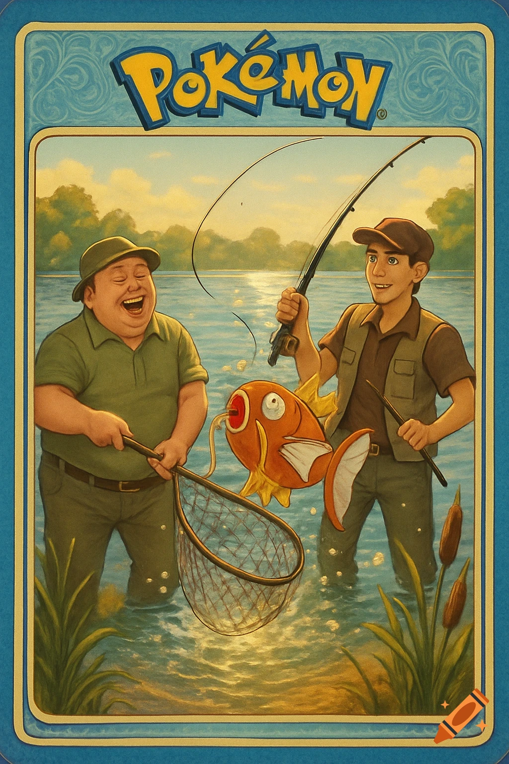 Two men, one larger and laughing, the other slimmer in a cap, stand in water fishing. The slimmer man holds a fishing rod with a Magikarp on the line, while the larger man holds a net to catch it. The image is styled as a Pok omon card with "Pok omon" text at the top.