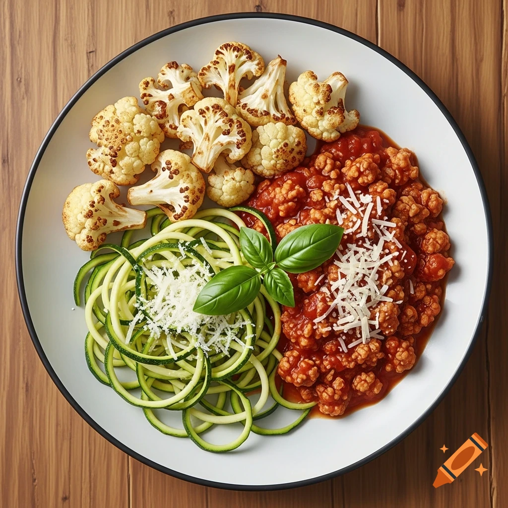 A plate of food featuring zucchini zoodles, ground meat in marinara sauce, roasted cauliflower florets, and grated parmesan cheese, viewed from above.
