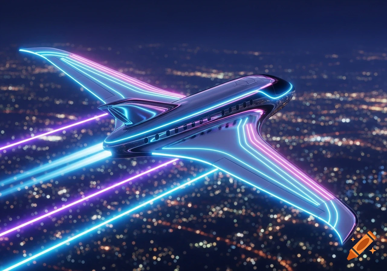 A sleek, futuristic airplane with glowing neon blue and pink lights flies over a blurred city at night, leaving light trails.