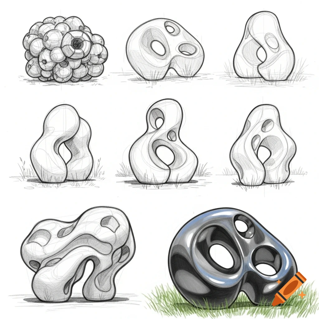 A grid of pencil sketches showing the evolution of abstract, organic sculptures, culminating in a polished metallic form on grass.