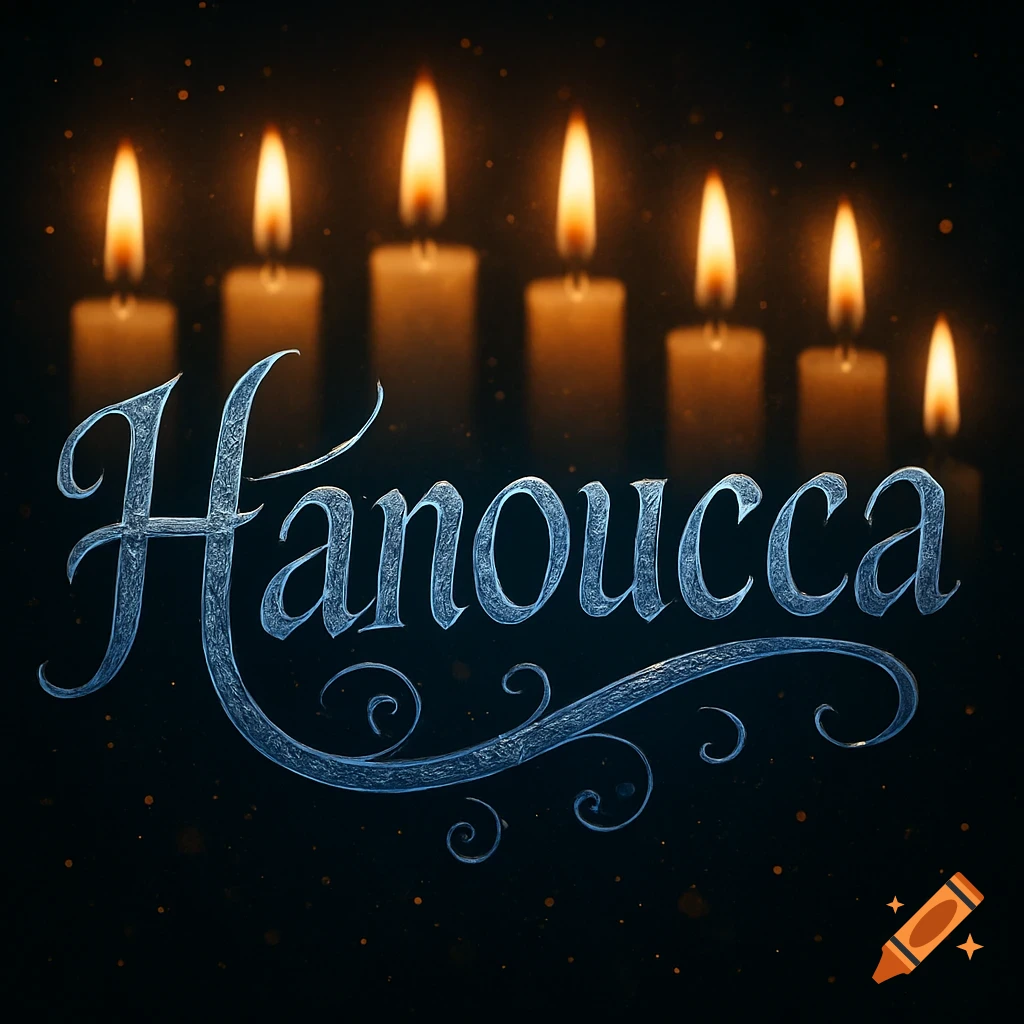 Ornate blue Hanoucca text in front of seven blurred, lit candles on a dark background.