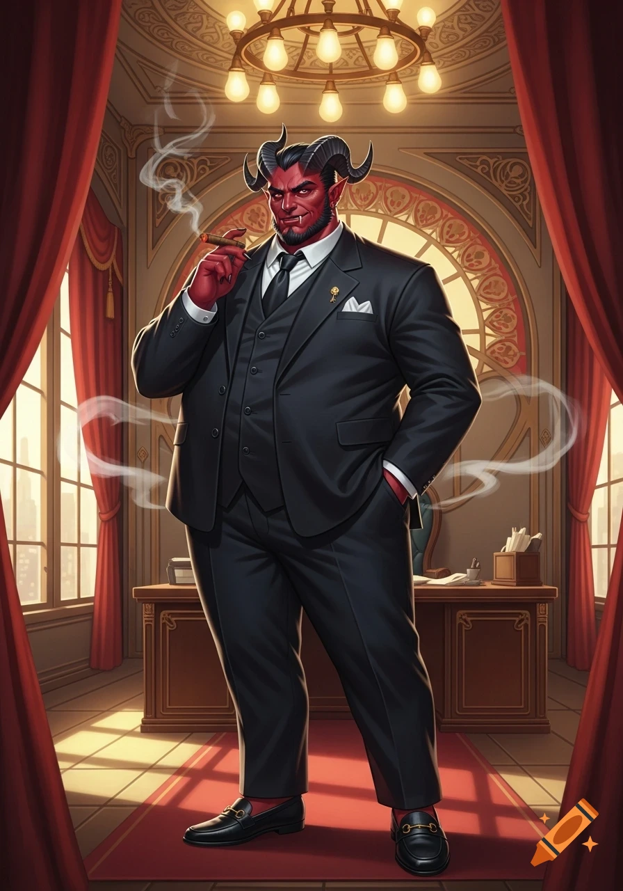 A confident, heavy-set red tiefling with horns and a beard, dressed in a black suit and bit loafers, smoking a cigar in an ornate office.