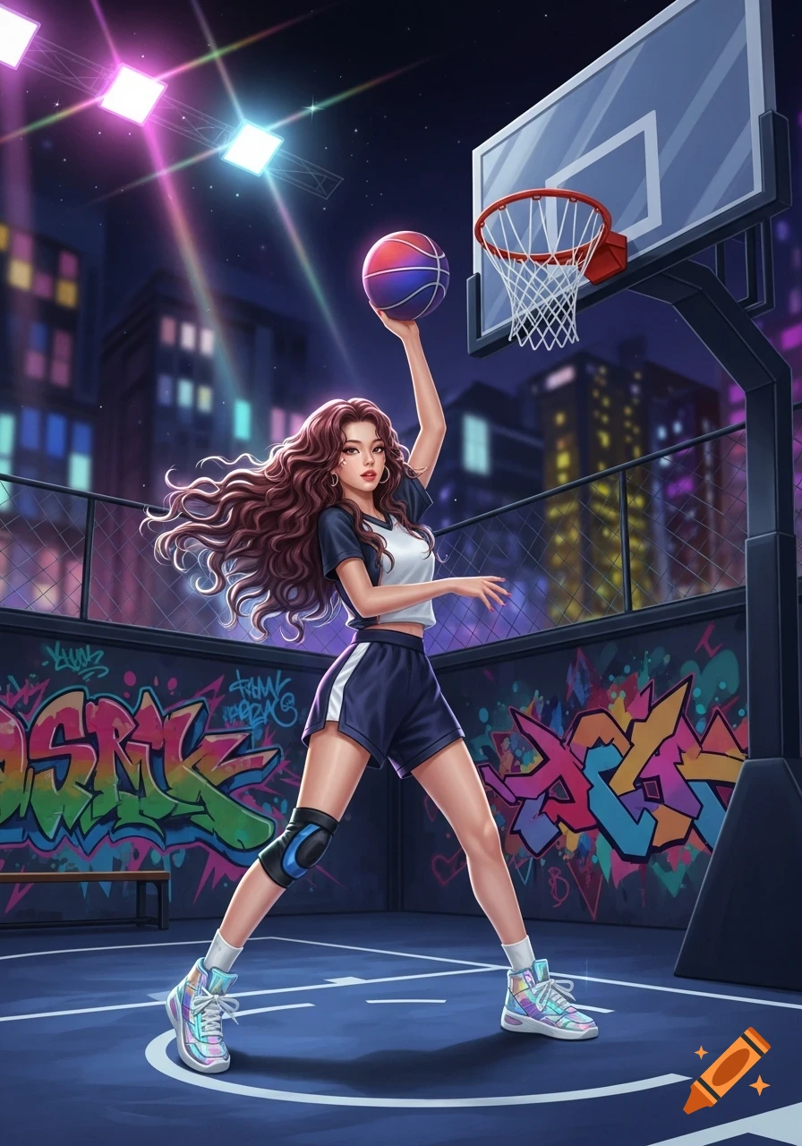 A stylized K-pop lady with long curly hair plays basketball on an urban court at night, featuring graffiti and city lights.