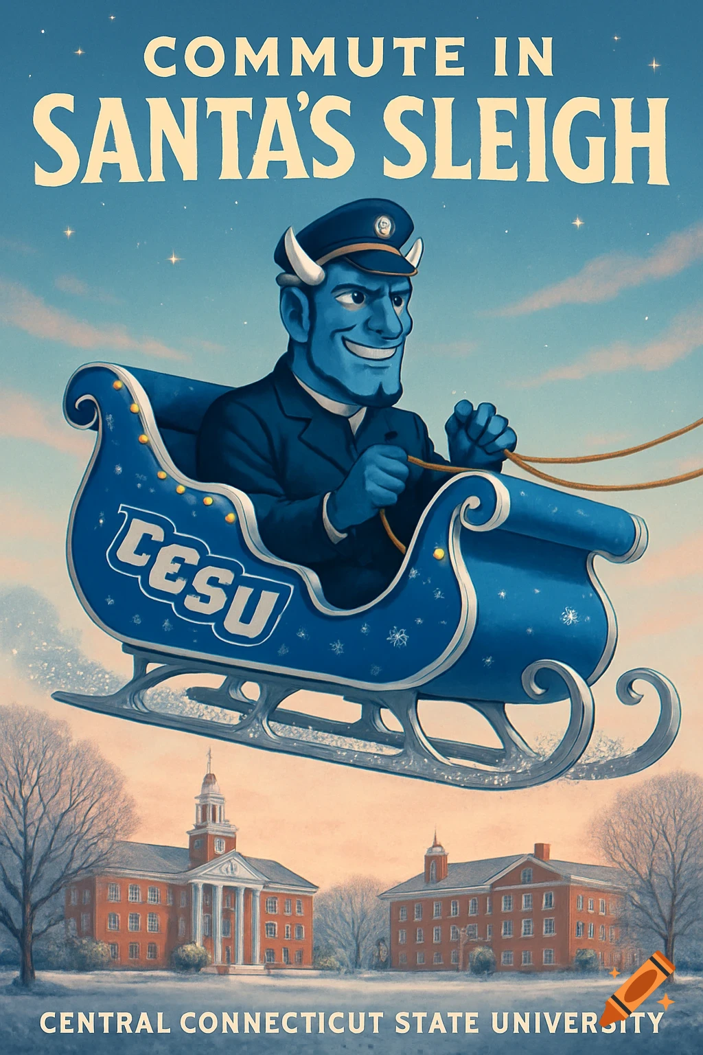 Retro poster: Blue devil mascot in a sleigh flies over a snowy university campus. Text: 'COMMUTE IN SANTA'S SLEIGH', 'CCSU', 'CENTRAL CONNECTICUT STATE UNIVERSITY'.