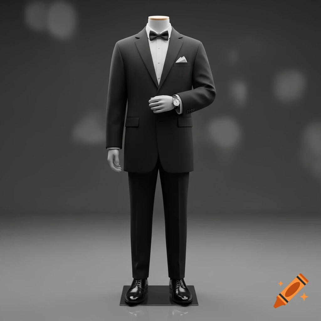 A photorealistic image of a plastic mannequin wearing a black suit, white shirt, bow tie, watch, and black dress shoes.