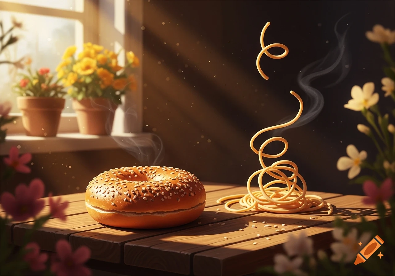 A photorealistic image of a bagel and stylized noodles with steam on a wooden table, with flowers and a sunlit window in the background.