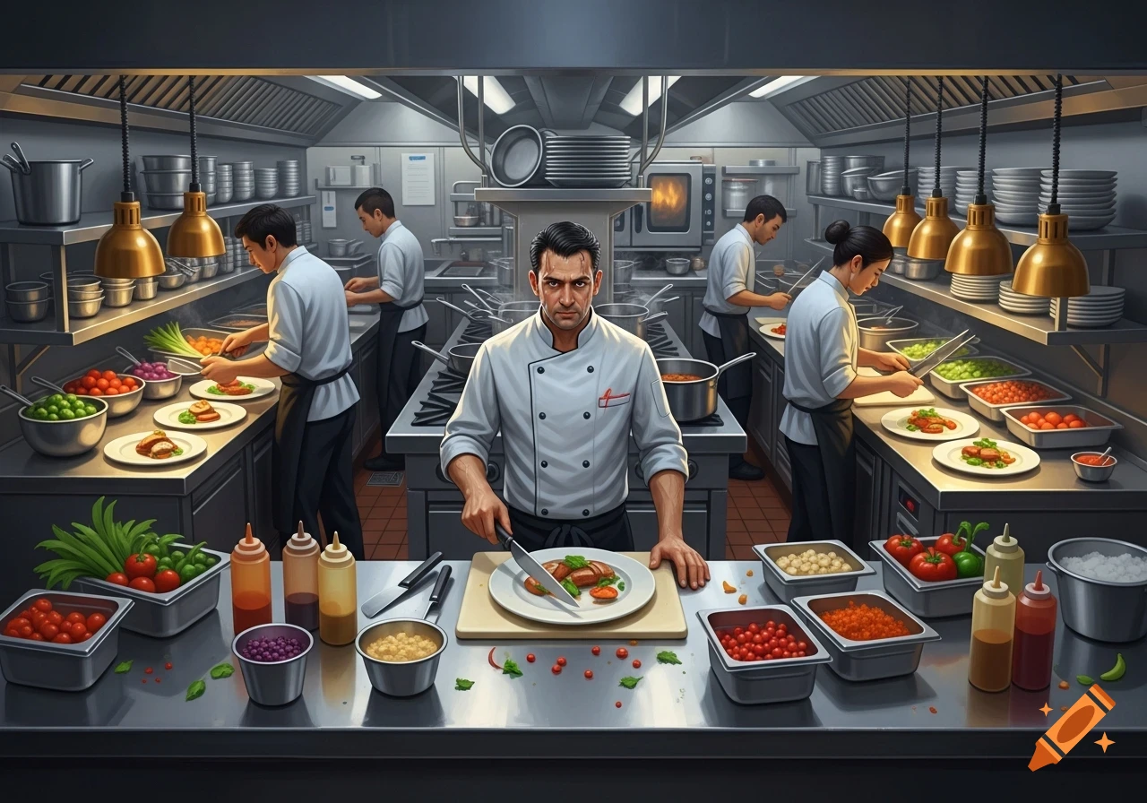 A central male chef prepares food in a busy, modern restaurant kitchen with several other chefs working around him.