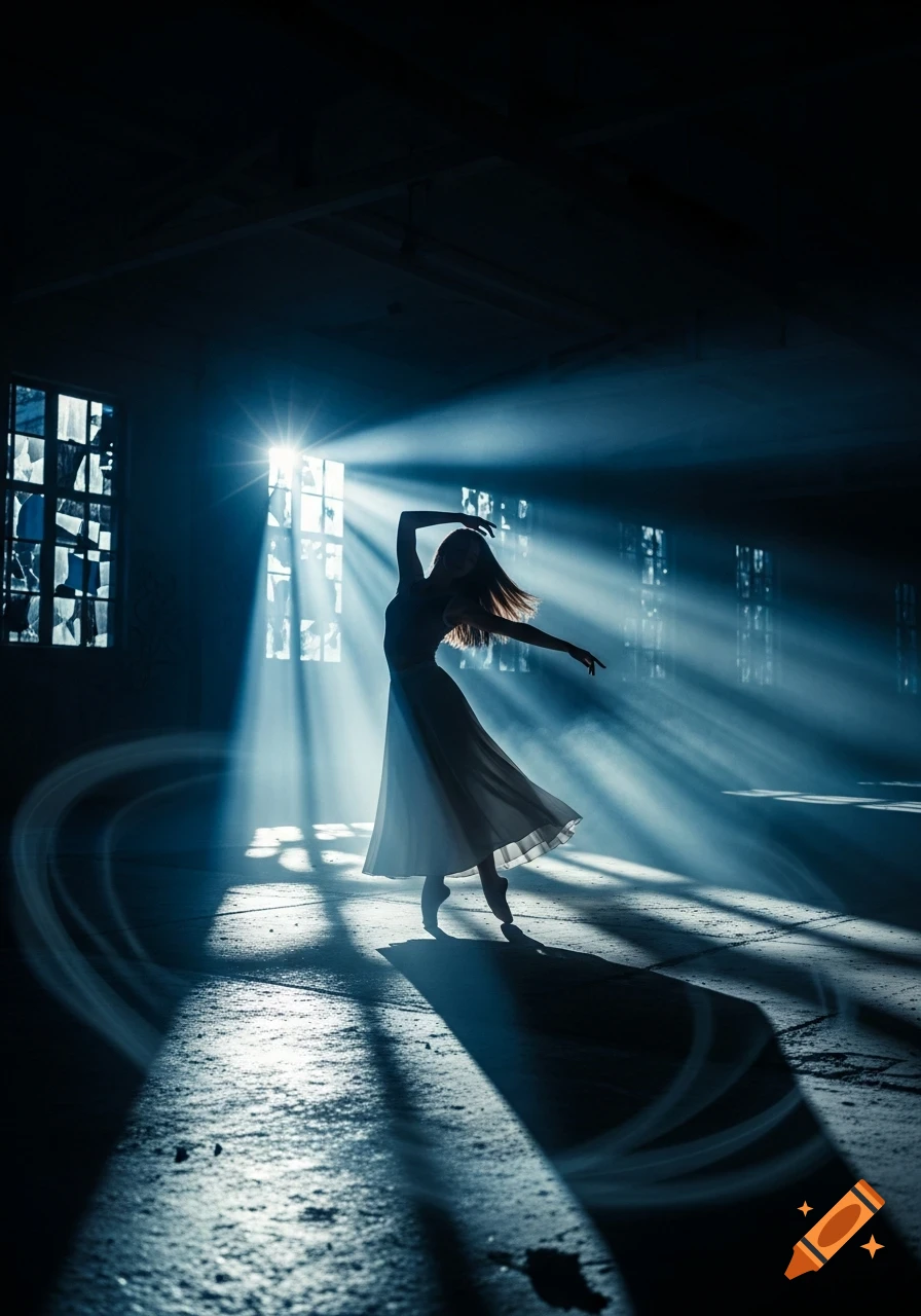 Silhouetted woman in a flowing dress dancing on pointe in a dark room, illuminated by strong blue light rays from a window.