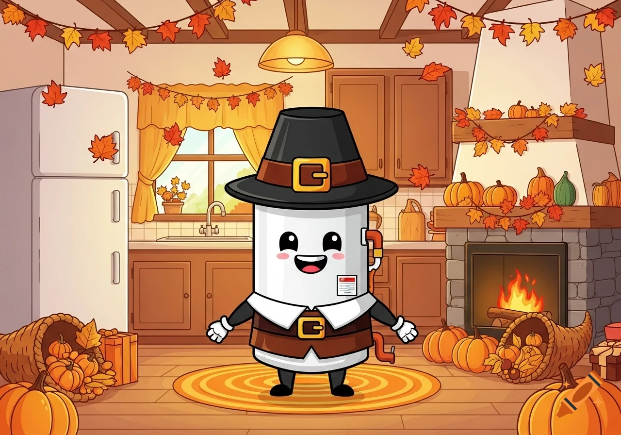 A cute cartoon heat pump water heater dressed as a pilgrim, standing in a cozy kitchen decorated for Thanksgiving with pumpkins and fall leaves.