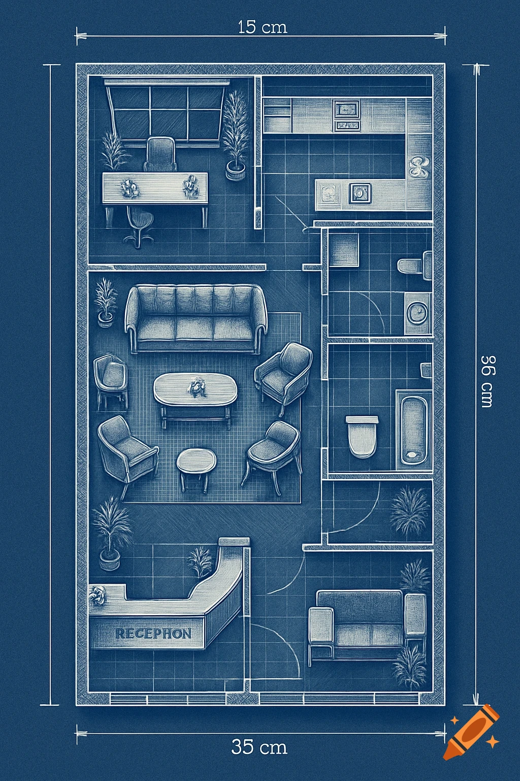 Detailed blueprint-style floor plan of a luxurious furniture store with reception, office, lounge area, kitchen, and bathrooms. Dimensions are labeled.