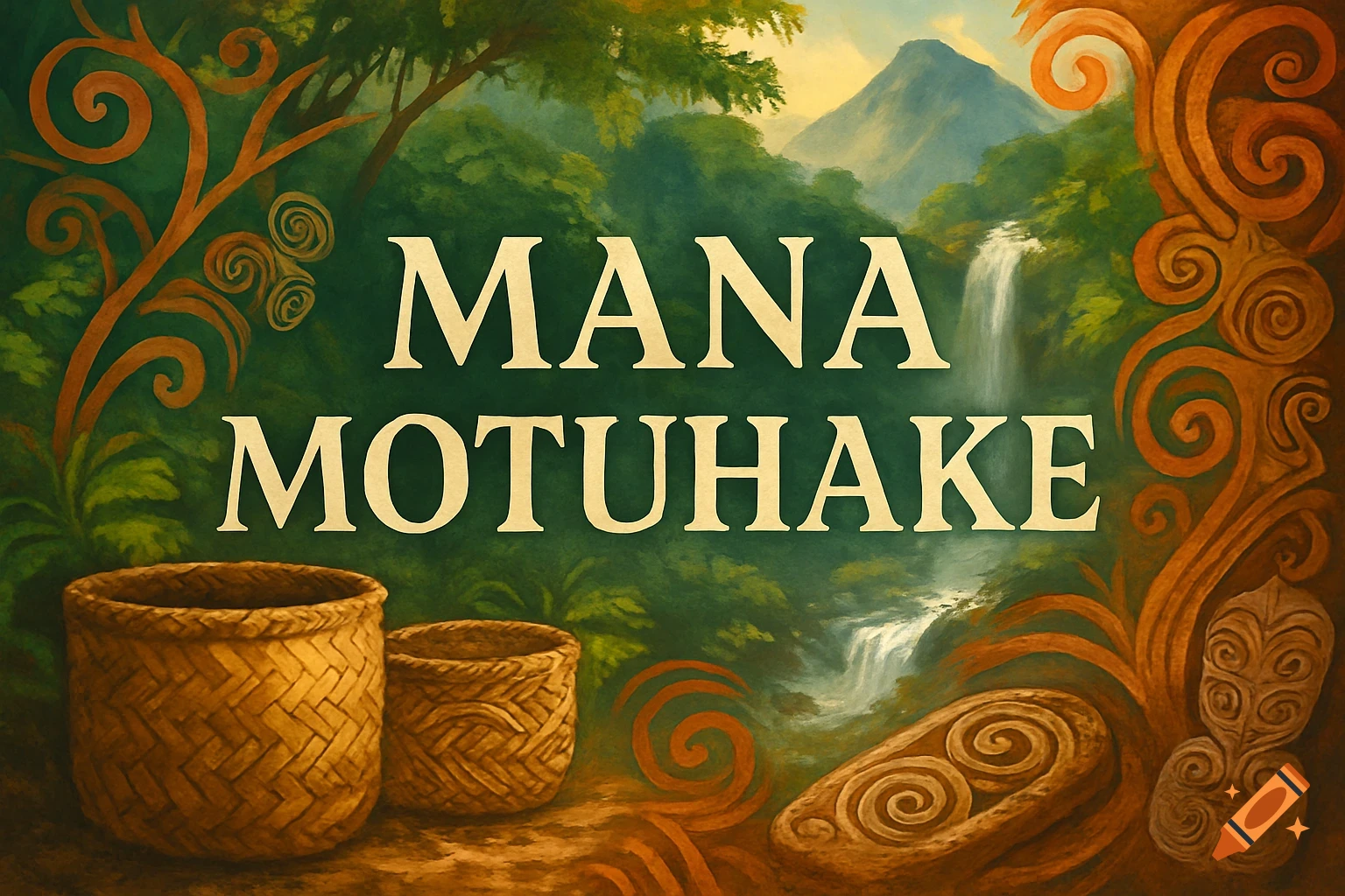 Painting of 'MANA MOTUHAKE' above woven baskets, set in a lush landscape with a waterfall and mountains, framed by indigenous patterns.