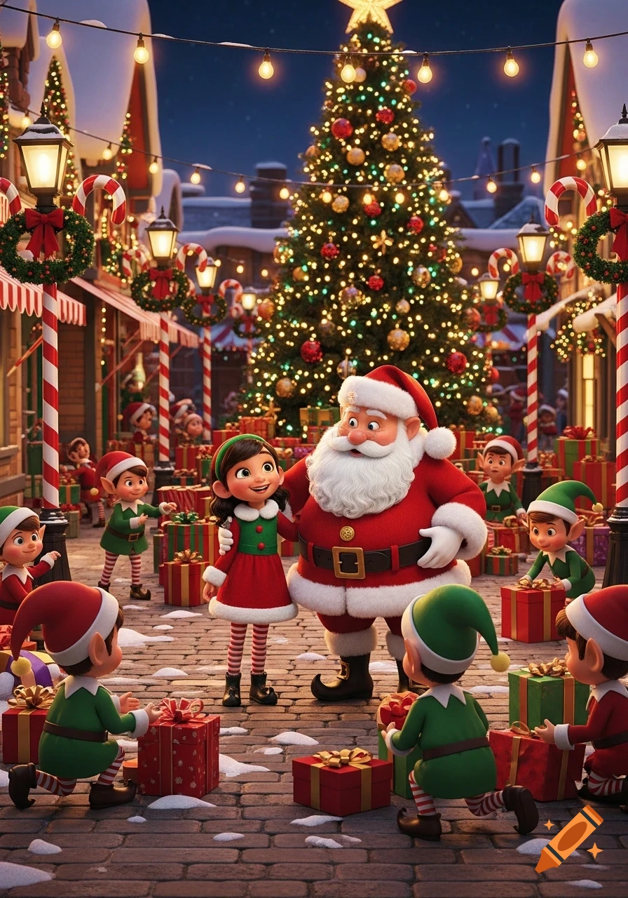 Animated scene of Santa and a girl in a festive Christmas village with elves and gifts around a large decorated Christmas tree at night.