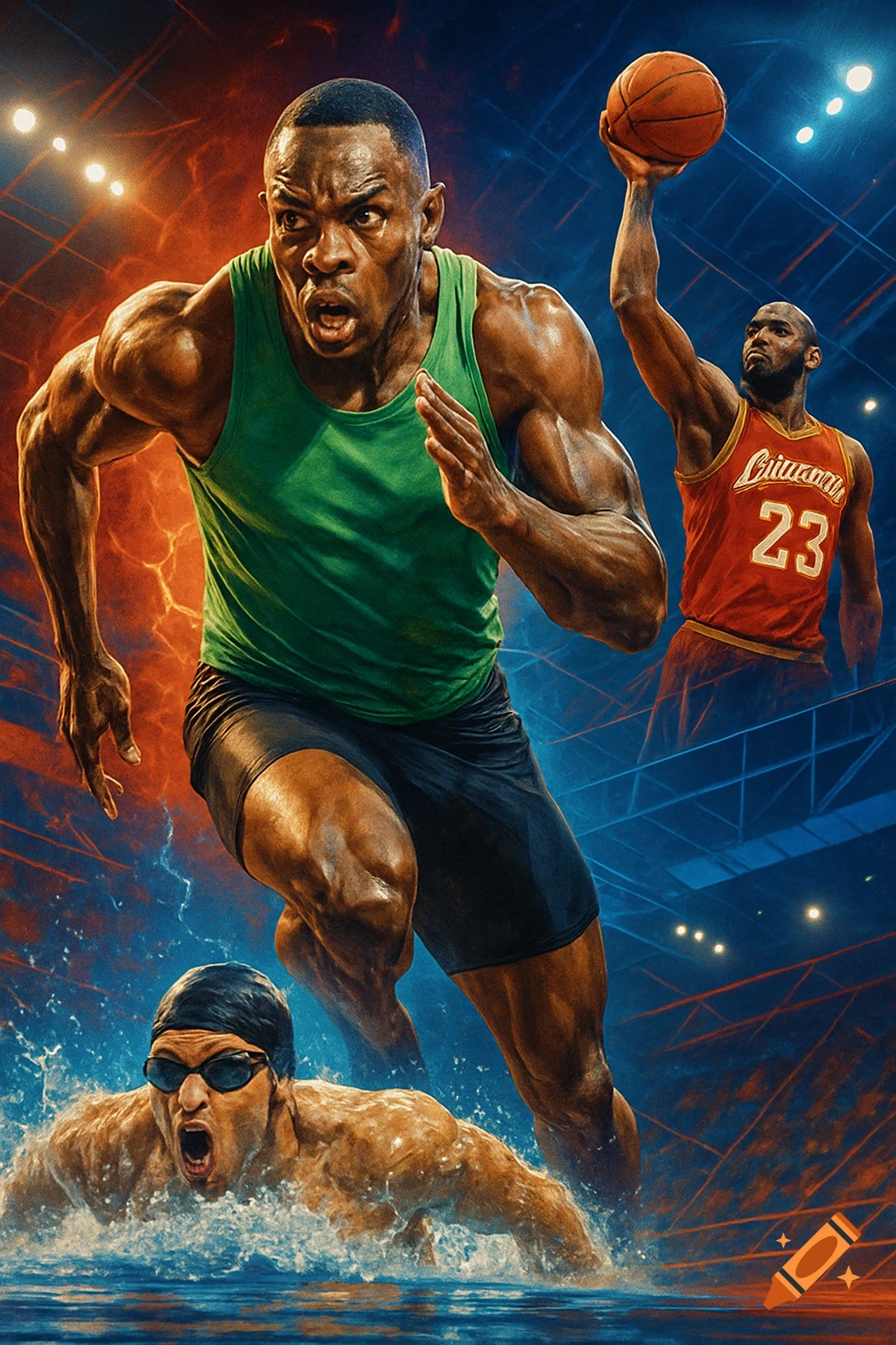 A dynamic sports poster featuring a runner in green, a basketball player in red, and a swimmer in motion, against a backdrop of stadium lights.