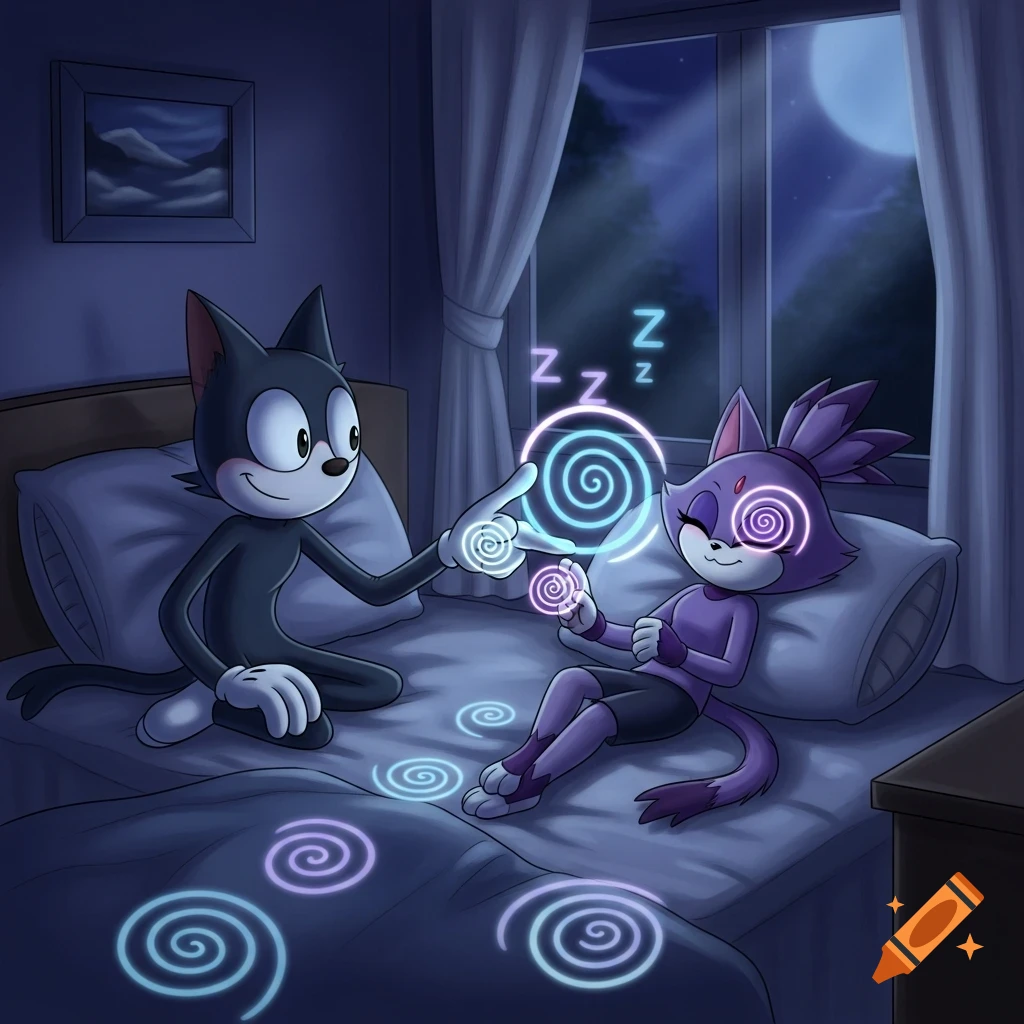 Cartoon Felix the Cat hypnotizes Blaze the Cat in a dim bedroom at night, making her sleep with spiral eyes and 'Zzz' above her head.