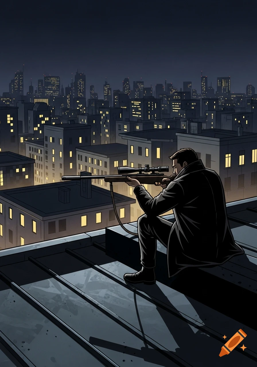 A sniper in a black coat perches on a dark rooftop, aiming a rifle over a city skyline at night, in a graphic novel style.