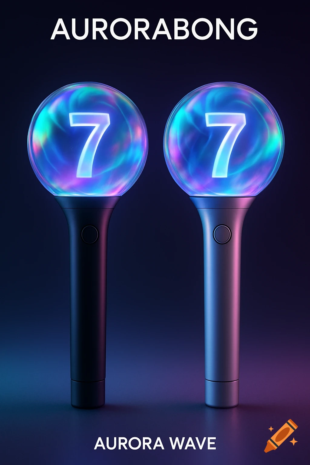 Two lightsticks, one black and one silver, with glowing, multi-colored aurora-effect spheres containing a white number 7. Text reads AURORABONG and AURORA WAVE.